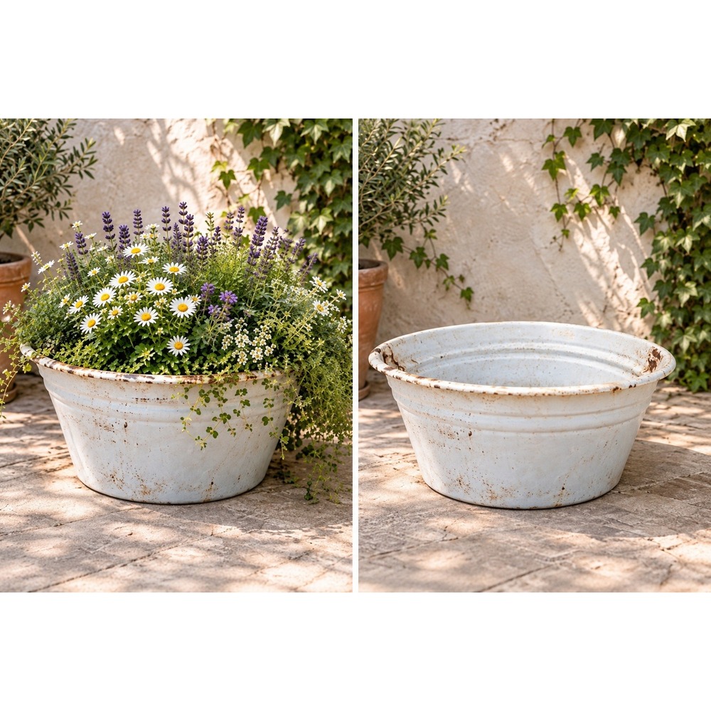 Vintage Enamel Wash Basin Tub 15in Rustic Distressed Farmhouse Garden Decor FLAW